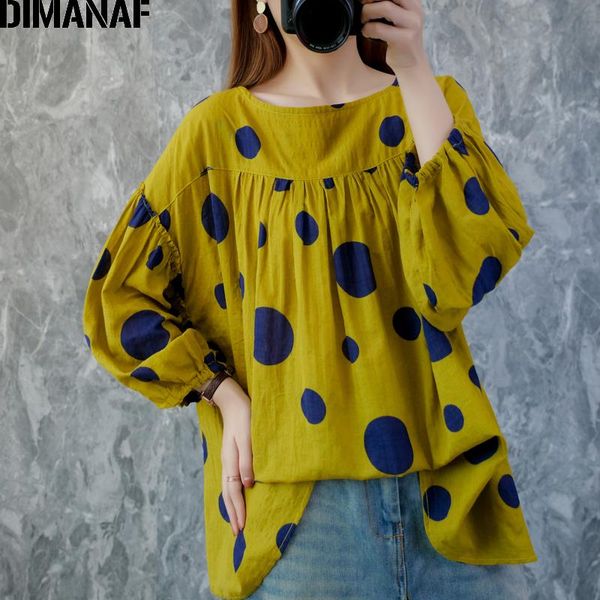 

dimanaf plus size blouse shirt women clothing cotton linen big size casual loose lady tunic print polka dot long sleeve, White