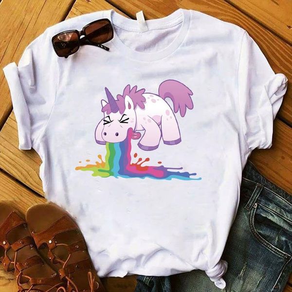 

unicorn rainbow printed short sleeve womens loose tee clothes graphic, White