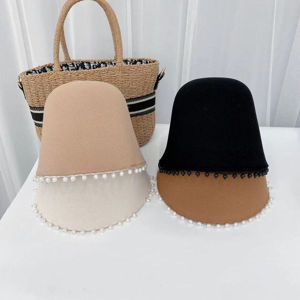 

2021 autumn and winter pure wool bucket hat women's korean pearl cloth british elegant basin fashion 2021, Blue;gray