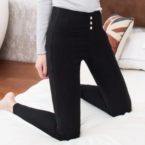 

women's pants & capris plus size women pencil fashion high waist button elastic skinny female pocket stretchy black trousers pantalon f, Black;white