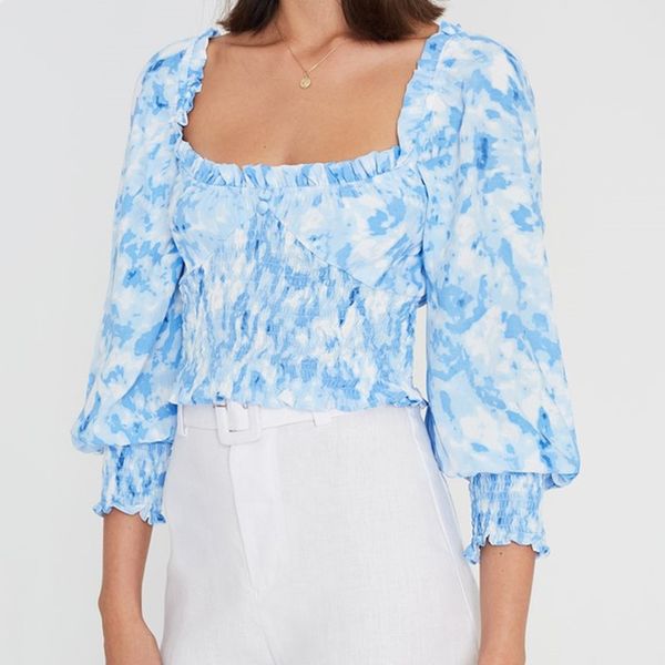 

ruched elastic blue white gradient tie dye crop shirt women wood ears ruffle square collar slim fit blouse french
