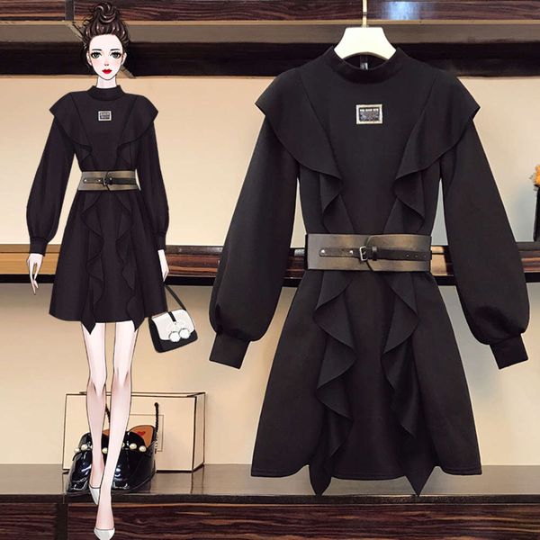 

2021 spring new large size women's fat sister's design feeling shows thin french hepburn style meat covered age reducing dress, Black;gray