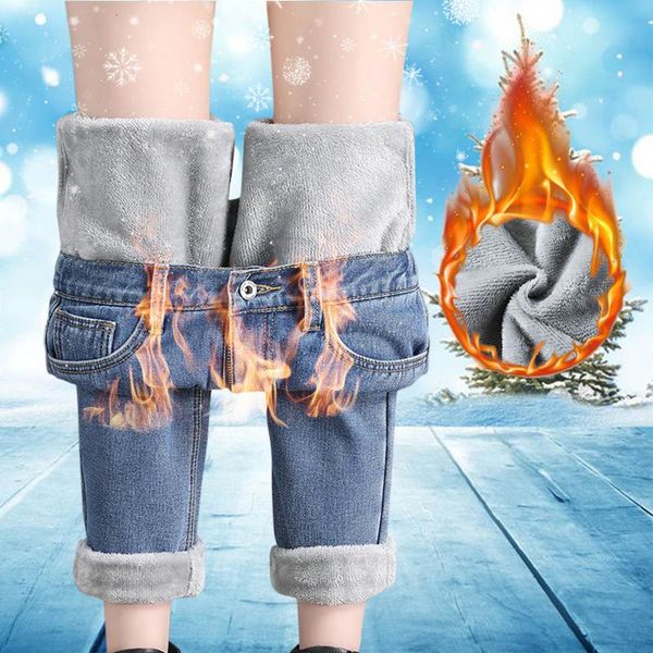 

women's jeans women velvet high waist denim trousers stretch warm pants thick loose thickened plush straight haren, Blue