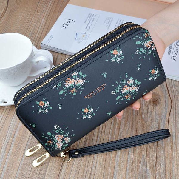 

2021 new women portfolio double rits clutch long flower print large capacity wallet cardholder with telephone bag, Red;black