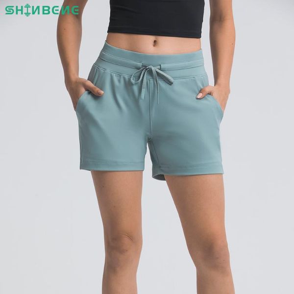 

shinbene everyday drawstring yoga sport workout shorts women mid waist anti-sweat leisure gym running fitness pocket shorts 4", Black;blue