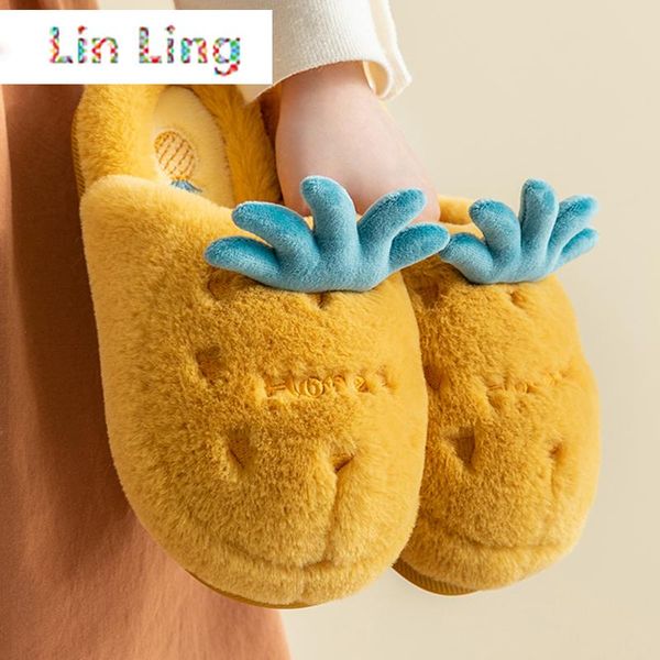 

winter house fur slipers women cute cartoon fruit couples plush shoes non-slip pineapple avocado indoor ladies fluffy slippers, Black