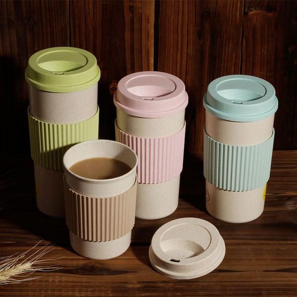 

mugs eco-friendly wheat straw coffee mug cup double wall insulation with lid home portable outdoor water bottle 350/450/550ml