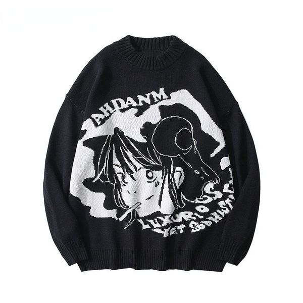 

men's sweaters 2022 harajuku streetwear japanese anime cartoon girl knitted jumpers hip hop casual sweater loose knitwear, White;black