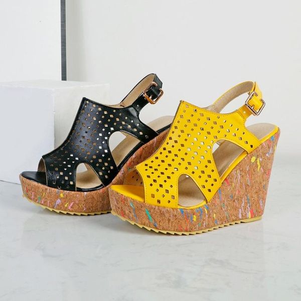 

sandals us4-11 womens peep toe platform super wedge high heel cut out slingbacks printed summer shoes 2styles plus size 2021, Black