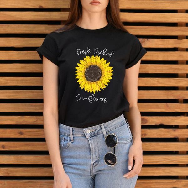 

women's t-shirt fashion summer cotton hand-painted sunflower graphic print casual large size loose instagram, White