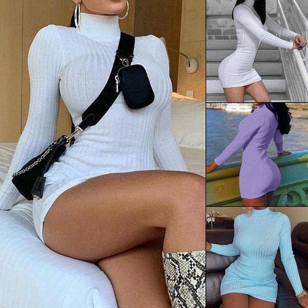 

autumn womens knit sweater dress high collar long sleeve casual mini dresses solid color winter bodycon femme vestidos, Black;gray