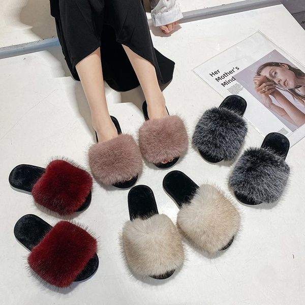 

slippers 2021winter faux fur indoor sandals woman flat floor sandalias furry female plush shose lady sandales elastic band warm, Black