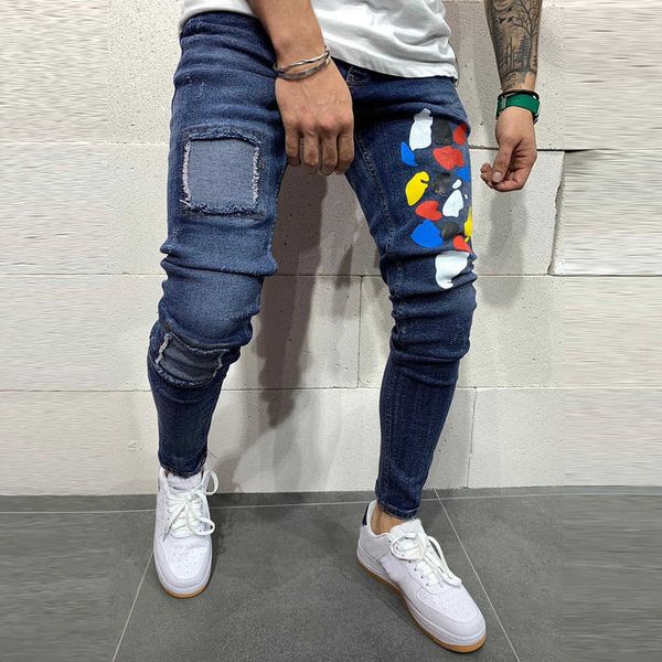

fashion men casual personality printing slim fit denim hip hop ny biker los hombres jeans broek streetwear, Blue