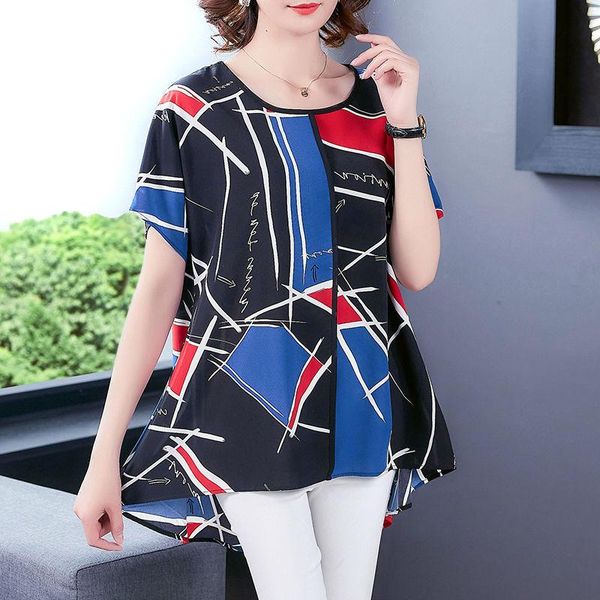

plus size t-shirt oversized summer mid-length women shirt 2021 korean printed 5xl 6xl casual female short sleeve chiffon blouse, Black
