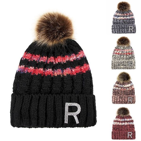 

2021 new fashion women winter hats patchwork color knitted beanies caps hair ball thick winter warm hat, Blue;gray