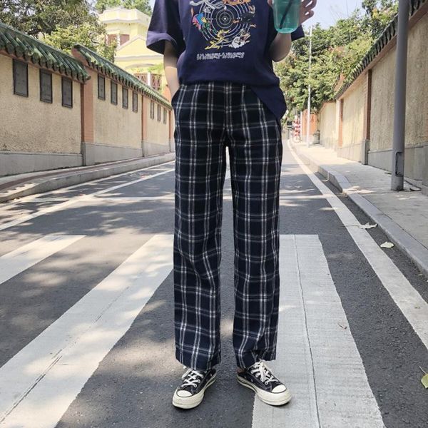 

women's pants & capris long straight leisure loose women plaid retro pockets elastic waist korean all-match trousers spring autumn fash, Black;white