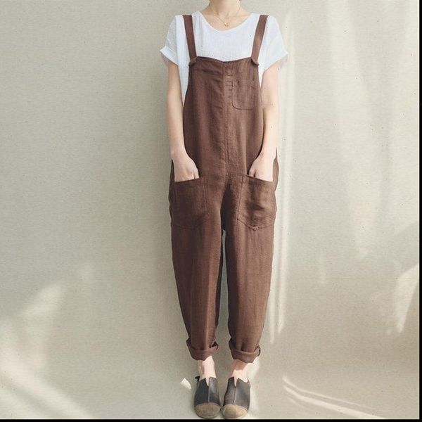 

2021 summer women strappy pockets casual solid dungarees cotton linen long jumpsuits loose bib overalls rompers plus size, Black;white