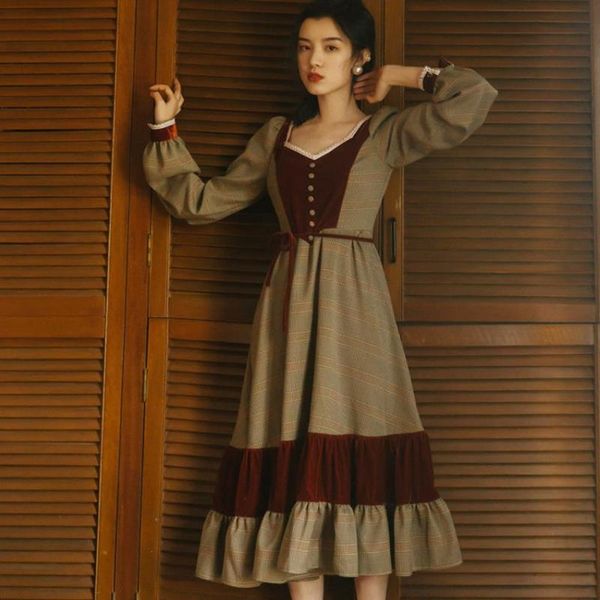 

casual dresses arrival fashion brand retro velvet stitching v-neck dress female college style high waist ruffles wq955, Black;gray