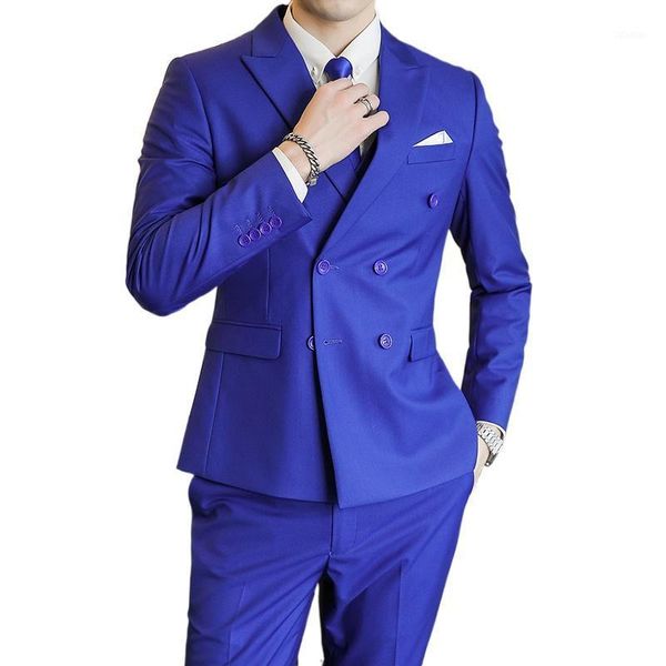 

fashion men's casual business double breasted 2 pcs suit set / male slim solid color wedding blazers jacket pants coat suits &, White;black