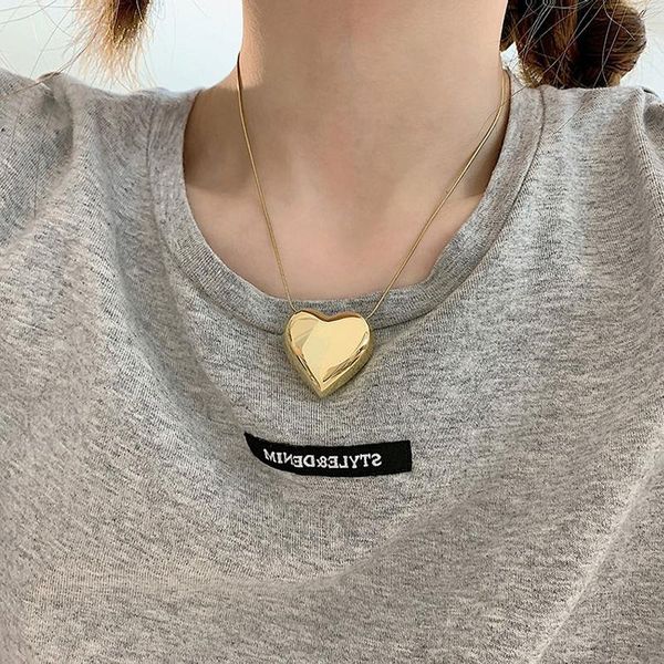 

pendant necklaces titanium steel fashion minimalist smooth large heart shaped necklace silver color cute charm for women