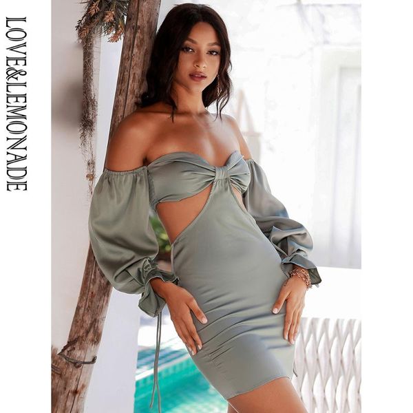

casual dresses love&lemonade light green tube lantern long sleeve waist cut out slim satin mini dress ad02901, Black;gray
