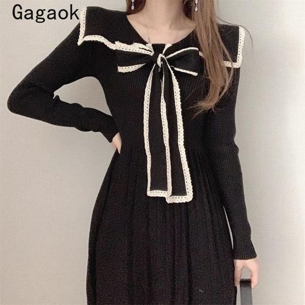 

gagaok vintage women sweater dress 2021 spring autumn new patchwork bow sailor collar midi dresses korean slim chic vestidos, Black;gray