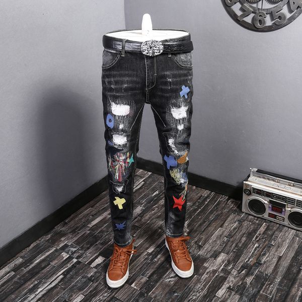 

2021 new fashion streetwear black color elastic slim fit ripped men patches designer pencil pants hip hop jeans homme w6nq, Blue