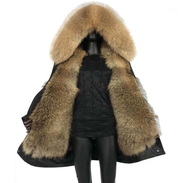 

new arrival fur parkas long women 2019 luxurious real fur parkas thick warm raccoon collar hood mink muskrat liner hood1, Black