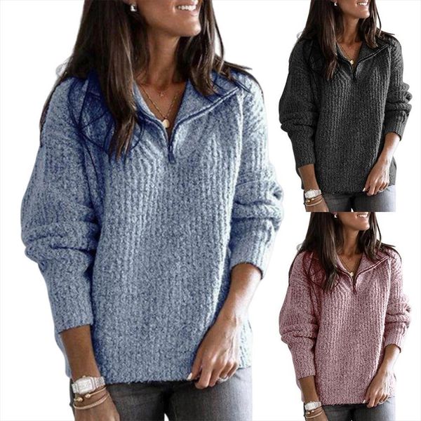 

fashion women autumn solid color sweaters long sleeve zip loose knitted plus size sweater pullover streetwear, White;black
