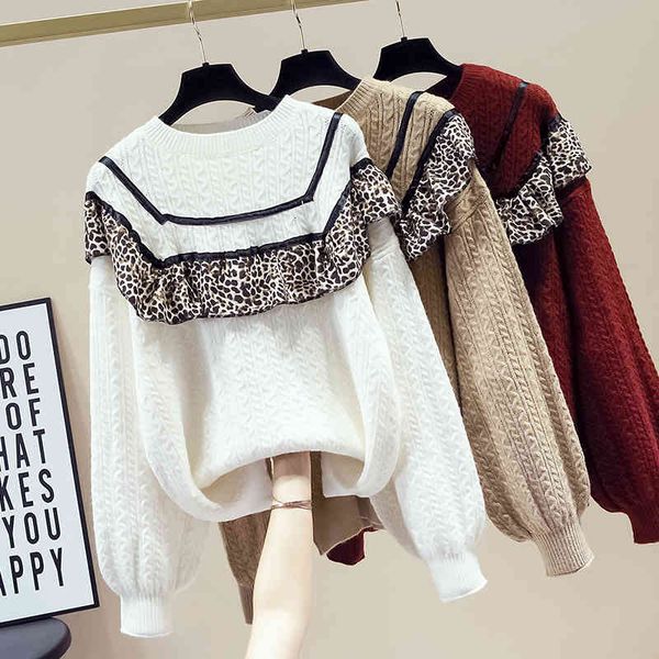 

women's sweaters mirror around the neck long sleeve edition han winter joker loose leopard sweater falbala japanese jacket 5ntw, White;black