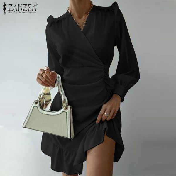 

2021 new zanzea elegant women v neck long sleeve office bodycon ruffles mini es spring casual party sun vestidos 6wv4, Black;gray