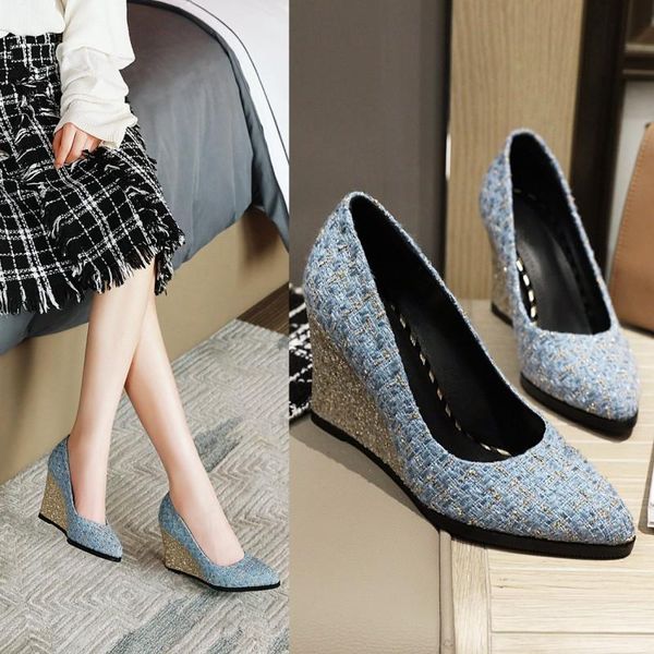 

dress shoes 2021 spring pointed toe wedges single fashion all-match comfortable non-slip high heels large size women's shoe, Black