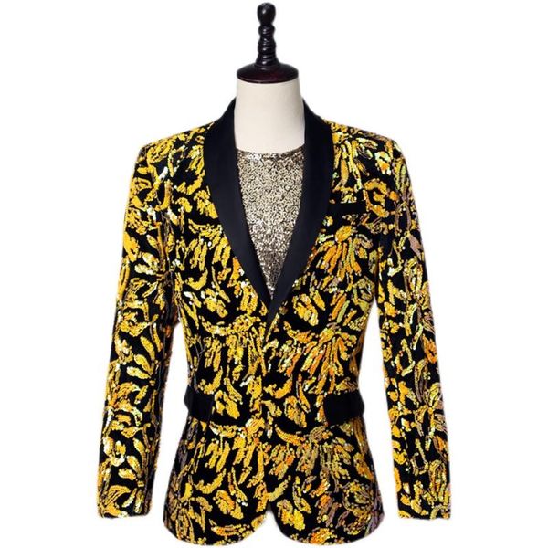 

men's suits & blazers stage costumes for singers mens youth plus size plants and flowers hip-hop gold color matching dancing sequined b, White;black
