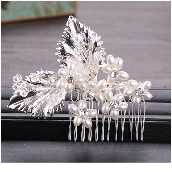

trendy leaf flower pearl hair combs wedding hair accessories bridal headpiece hair ornaments bride women jewelry qyllqo, Silver