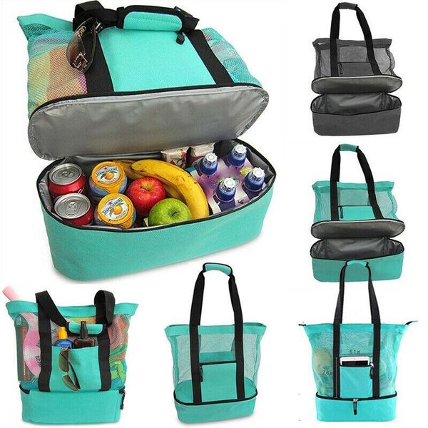 

cooler bag canvas practical portable midi size handheld lunch bag cooler picnic package mesh beach tote drink storage, Blue;pink