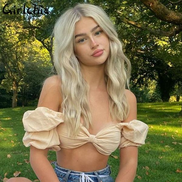 

women's t-shirt girlchic slash neck skinny puff sleeve knot t shirts slim fashion sweet folds backless girls solid strapless short, White