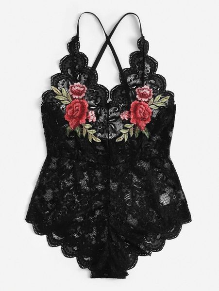 

plus criss cross appliques scalloped trim lace teddy bodysuit e2qc#, Black;white