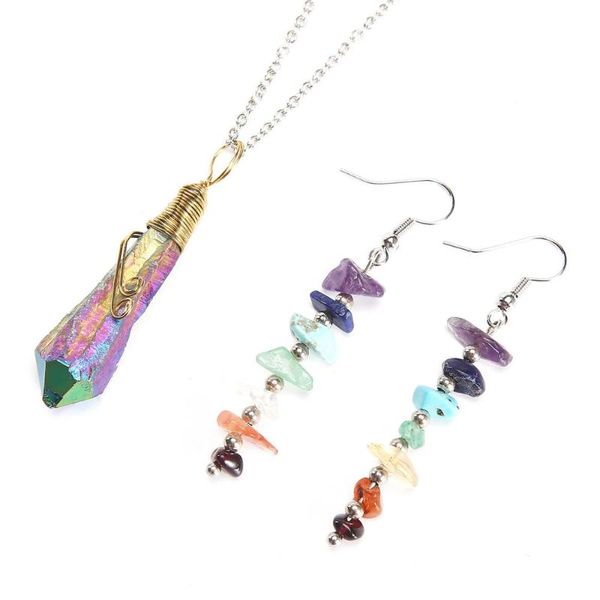 

earrings & necklace natural crystal handmade reiki pendant original stone point healing hexagonal wand treatment for making jewelry women, Silver