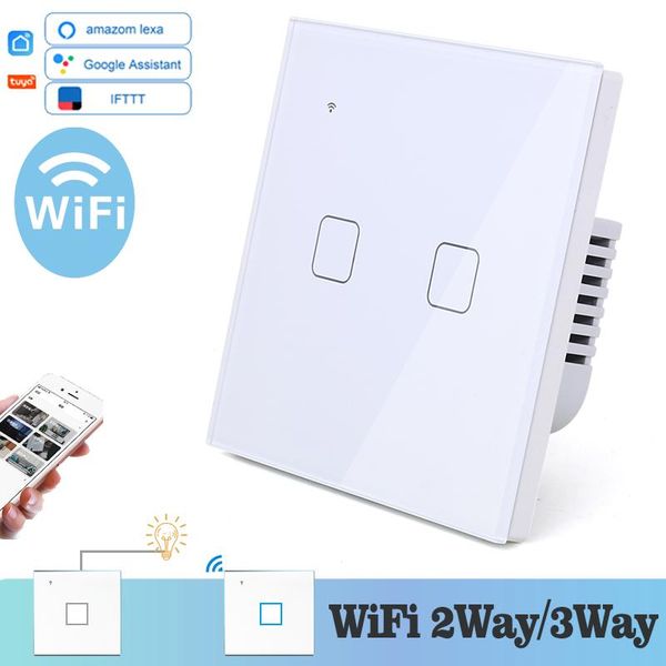 

smart home control wifi touch light wall switch white glass blue led universal phone 2 gang way relay square alexa google
