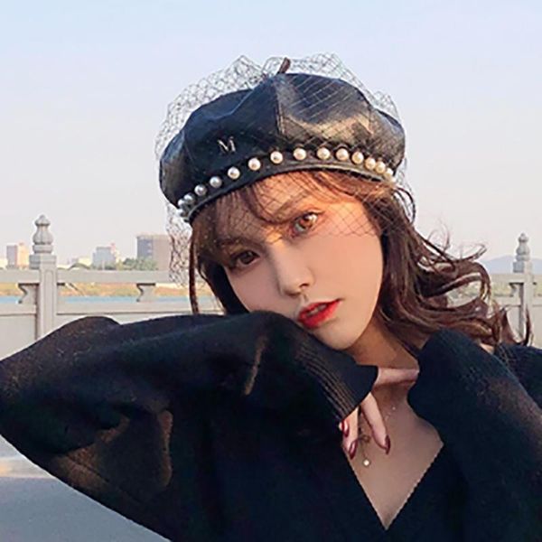

berets fashion pu leather beret hat retro mesh black pearl painter net red same octagonal, Blue;gray