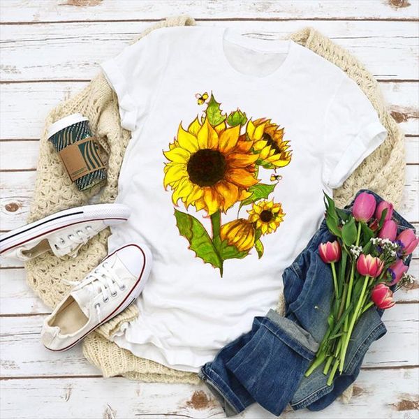 

graphic cartoon sunflower floral women flower summer clothes womens clothing tee female, White