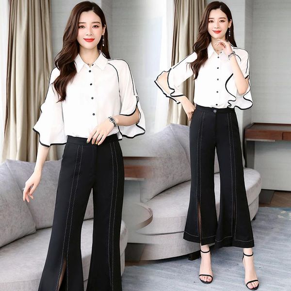 

spring and summer two-piece clothing set women white blouse & black pants suit vestidos office lady outfit fashion vogue, Gray
