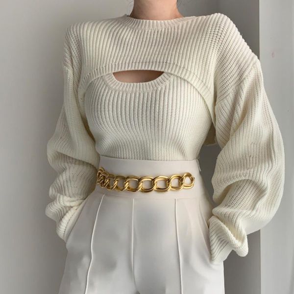 

women's sweaters black/beige knit two piece set women elegant o-neck long sleeve shawl + slim vest fashion suit 2021 spring autumn, White;black