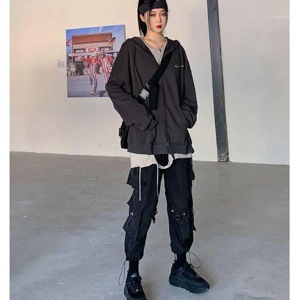 

women's pants & capris cool streetwear cargo women casual joggers black high waist loose female trousers korean ladies street capri, Black;white