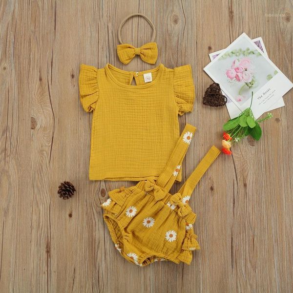 

clothing sets 3 pcs baby girls casual outfits solid color sleeve round neck pullover + daisy print suspender pants bow-knot headband1, White