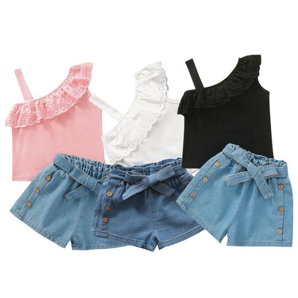 

clothing sets 2pcs infant kids baby girls suit clothes one shoulder lace ruffle shirt+denim bow shorts summer casual outfits 1-5, White