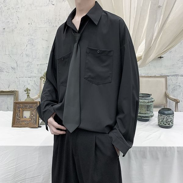 

men's casual shirts tie dress fashion solid color business men streetwear korean loose long sleeve mens -2xl lu75, White;black