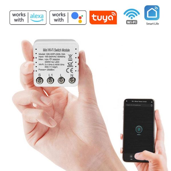 

smart home control tuya wifi qs-wifi-s06-16a 100~250v mini 1 gang switch module light electrical applicance converted diy app/voice