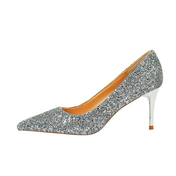 

dress shoes 2021 spring autumn fashion sequins 9.5cm high heels korean version of the wild pointed shallow mouth banquet wedding, Black