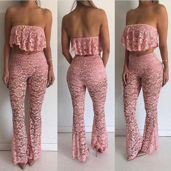 

women's tracksuits summer fashion 3 colors strapless+bell-bottoms pants lace stitching floral printed suit 2 pieces jumpsuit sets, Gray
